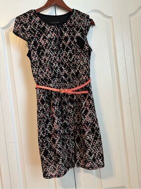 City Triangles Black Dress with Pink & White Pattern and Coral Belt